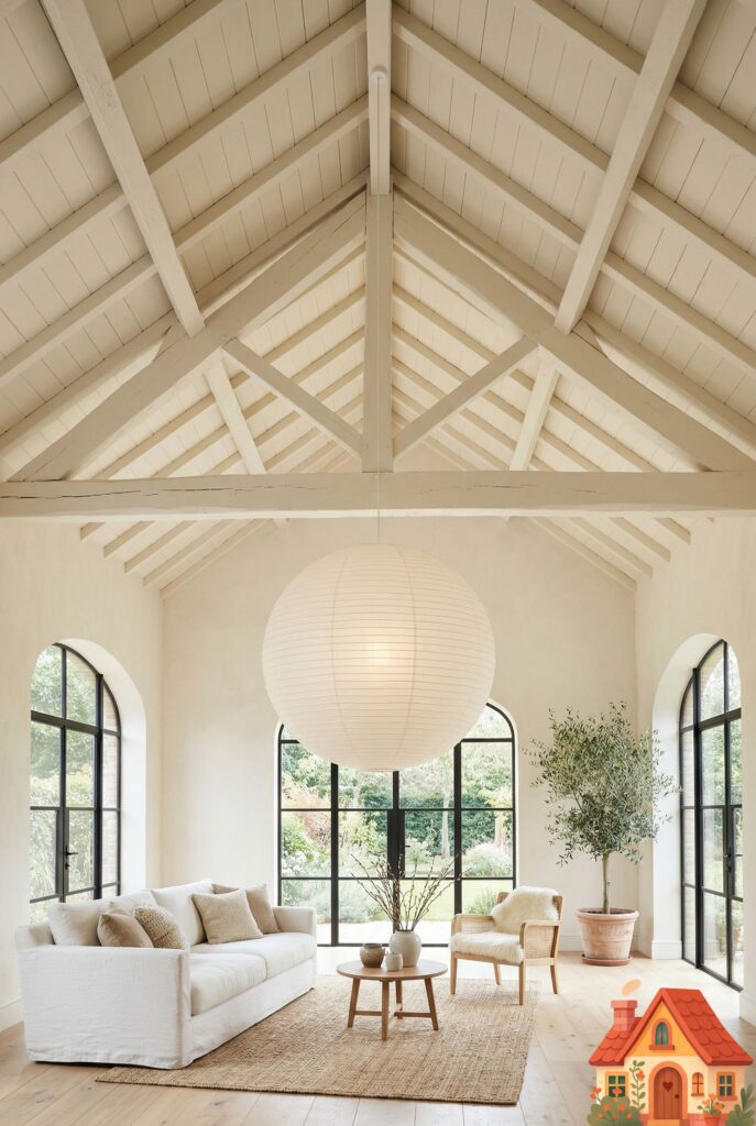 A wide shot of an airy living room looking slightly upward. The vaulted ceiling features exposed structural wooden beams that have been painted the exact same warm, creamy white as the walls. A massive, soft white paper-lantern pendant hangs from the center. Breathable, expansive, and incredibly serene.