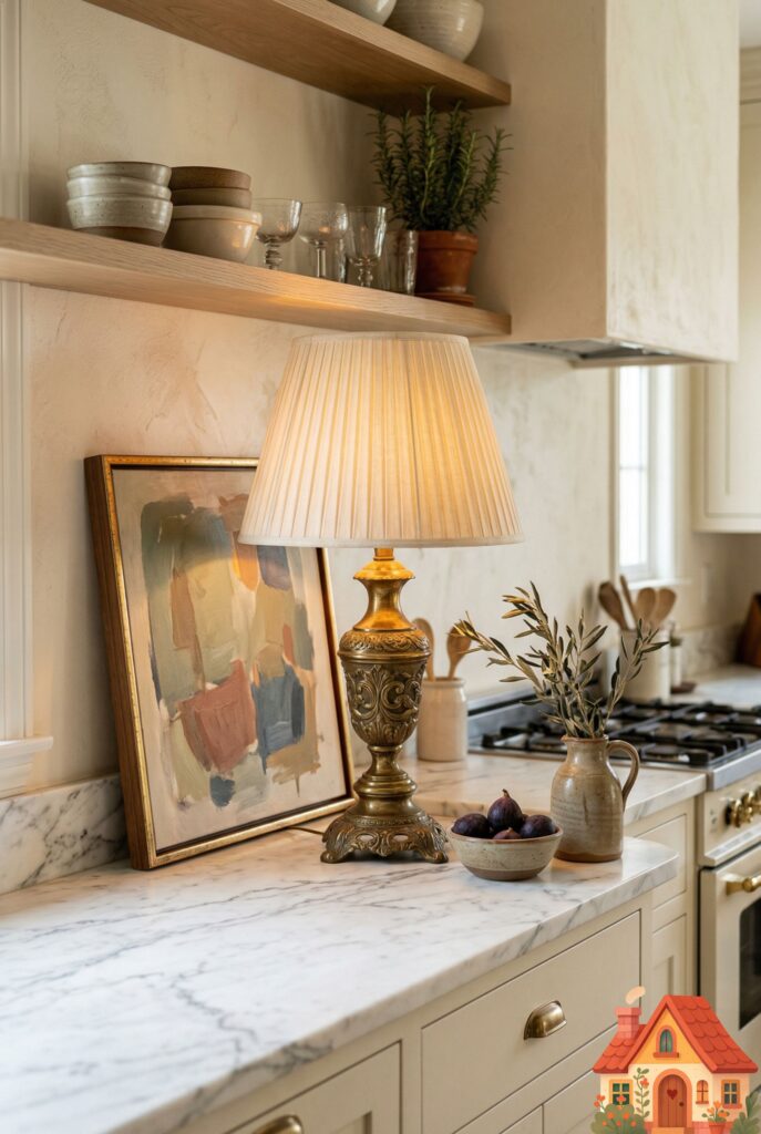 A kitchen that feels exactly like a cozy living room. A beautiful, ornate vintage table lamp with a pleated linen shade sits directly on the marble kitchen counter, glowing warmly. Behind it, a beautiful piece of framed abstract canvas art leans against the backsplash. The space is intentionally uncluttered. Deeply emotional, homey aesthetic.
