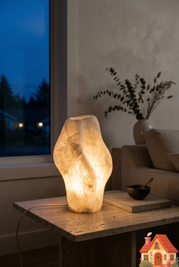 A moody detail shot in a white living room at dusk. An elegant, sculptural table lamp made of solid white alabaster stone rests on a light travertine side table. The lamp is turned on, emitting a breathtaking, soft, warm-amber glow through the translucent white stone. Highly emotional and calming lighting.