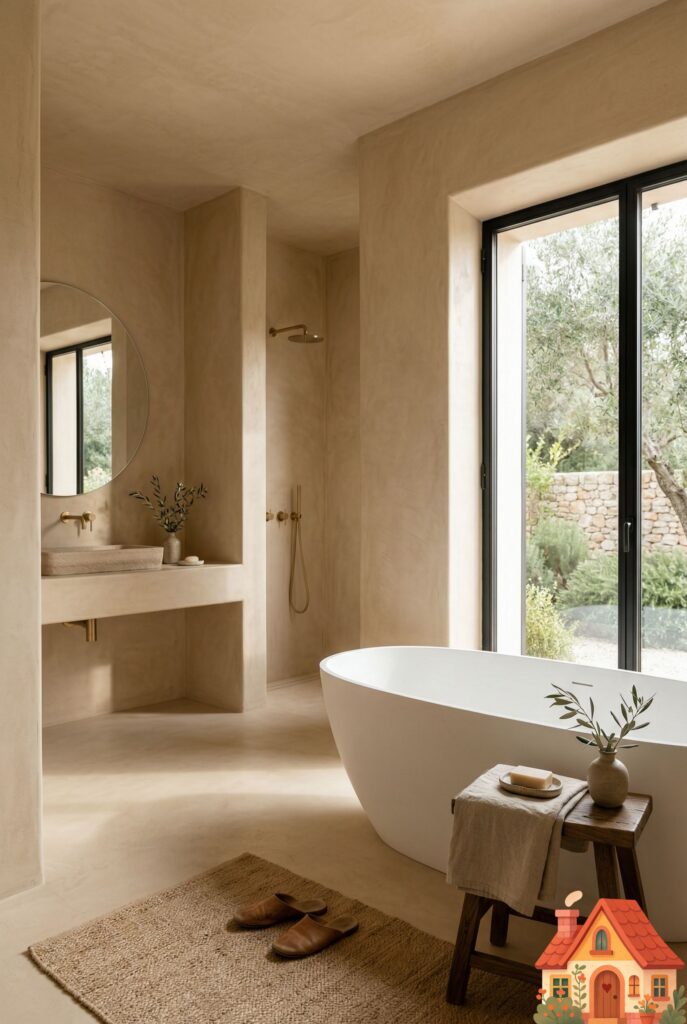 A serene, high-end bathroom wrapped entirely in warm, sand-colored tadelakt plaster. There are no wall tiles. The walls have a soft, matte, textured wabi-sabi finish. A freestanding matte white soaking tub sits near a window. Soft, diffused morning light creates gentle shadows. Deeply calming, architectural digest style, 8k resolution.