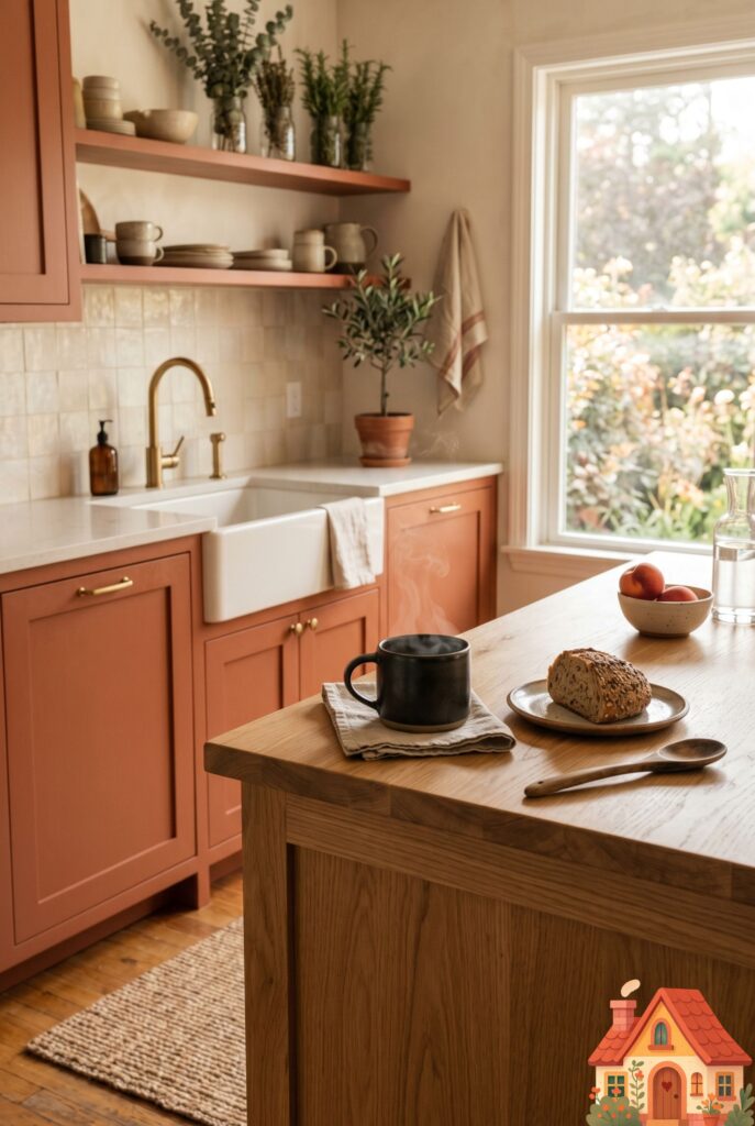 Editorial interior photography of a cozy 2026 kitchen, featuring warm terracotta-painted cabinets with a matte finish. Sun-drenched natural lighting, casting soft shadows. A steaming mug of coffee on a natural oak kitchen island. High resolution, 35mm lens, photorealistic, Pinterest aesthetic, inviting and warm.