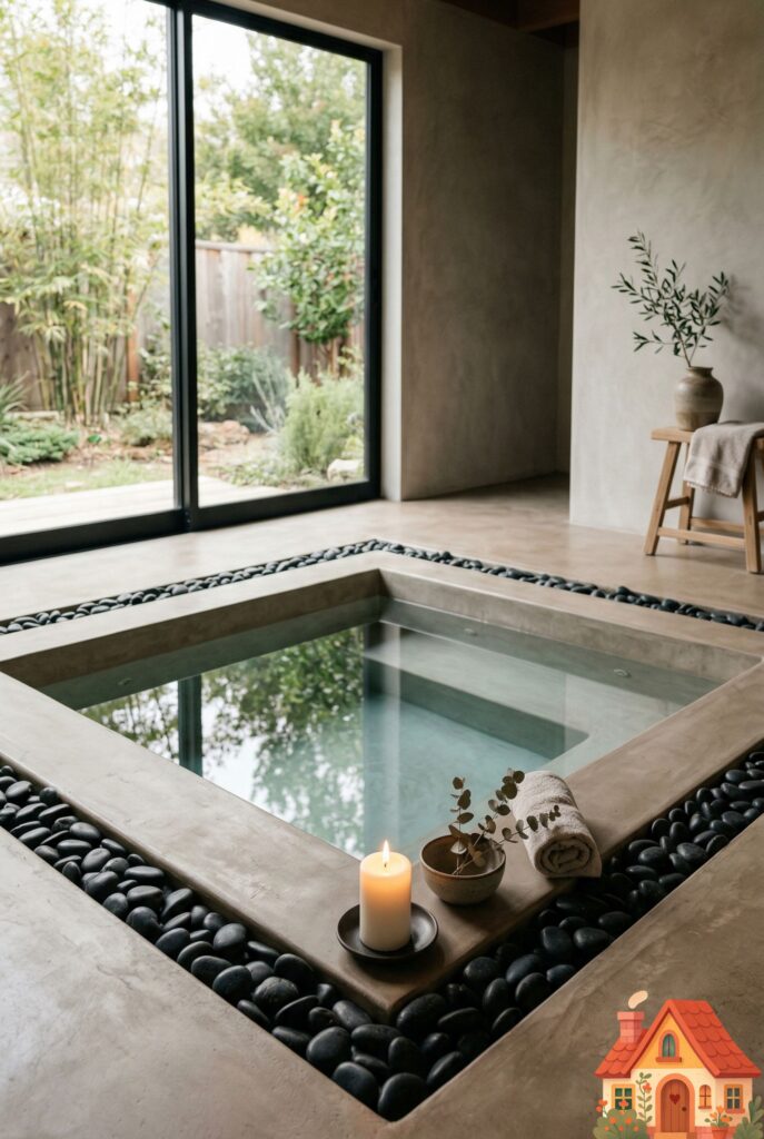 A luxurious, spa-like bathroom featuring a square soaking tub completely sunken into a smooth microcement floor. The water is still and inviting. Around the edge of the sunken tub are smooth black river stones and a single lit candle. Minimalist, deeply grounding, and deeply peaceful.)