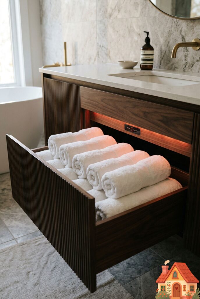 A sleek bathroom vanity with a large, lower drawer pulled slightly open. Inside the drawer, thick, luxurious white Egyptian cotton towels are neatly rolled and stacked. A subtle, soft red LED indicator light inside the drawer shows that the heating function is active. Hidden, ultimate comfort.)