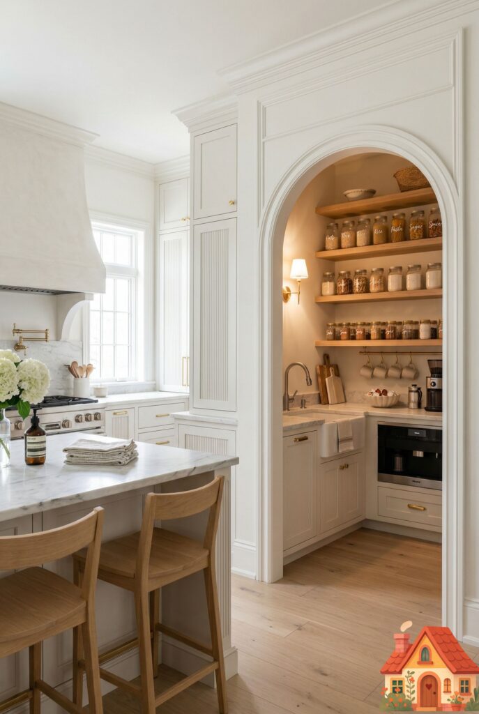 A view from a pristine, beautiful main kitchen looking through an elegant open archway into a hidden butler's pantry (scullery). Inside the scullery, open wooden shelves are packed with organized glass jars, a secondary farmhouse sink, and a coffee station. A masterclass in home organization and hidden luxury.