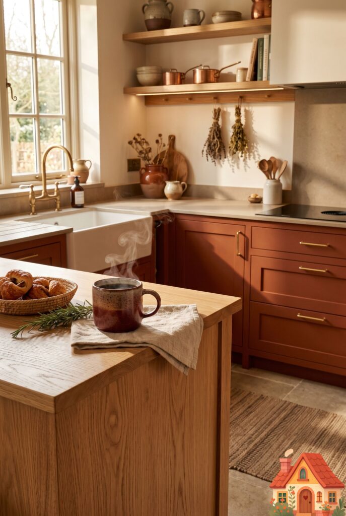 High-end interior design shot of a hidden kitchen pantry door that looks like beautiful warm wood cabinetry, slightly pushed open to reveal a highly organized, warmly lit walk-in pantry inside with woven baskets and glass jars. Soft, moody lighting, 8k resolution, architectural photography