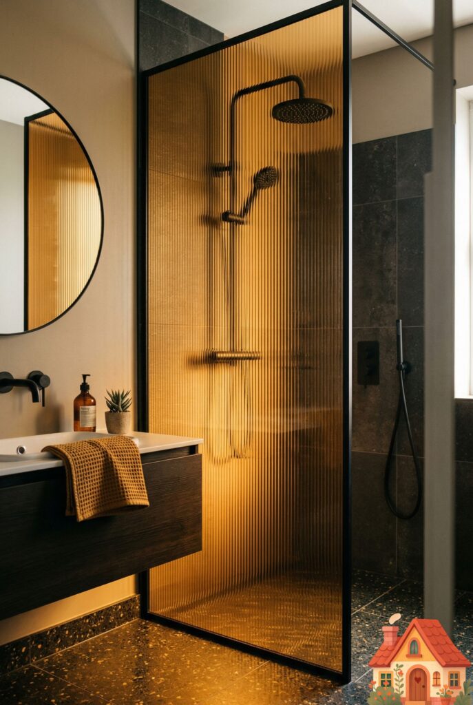 A modern walk-in shower enclosure. Instead of clear glass, the shower screen is made of thick, ribbed, warm amber-tinted glass. Behind the glass, a matte black rain shower head is visible. The warm amber glass casts a honey-colored, sunset-like glow across the bathroom floor. Intimate and highly aesthetic.