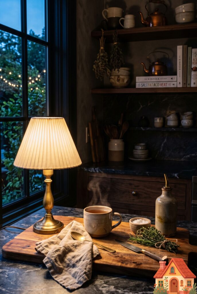 A beautifully styled cozy kitchen counter at twilight. A small, elegant vintage table lamp with a pleated linen shade sits on the marble countertop, casting a warm golden glow over a wooden cutting board. Deep shadows, highly atmospheric, cinematic lighting, ultra-detailed.