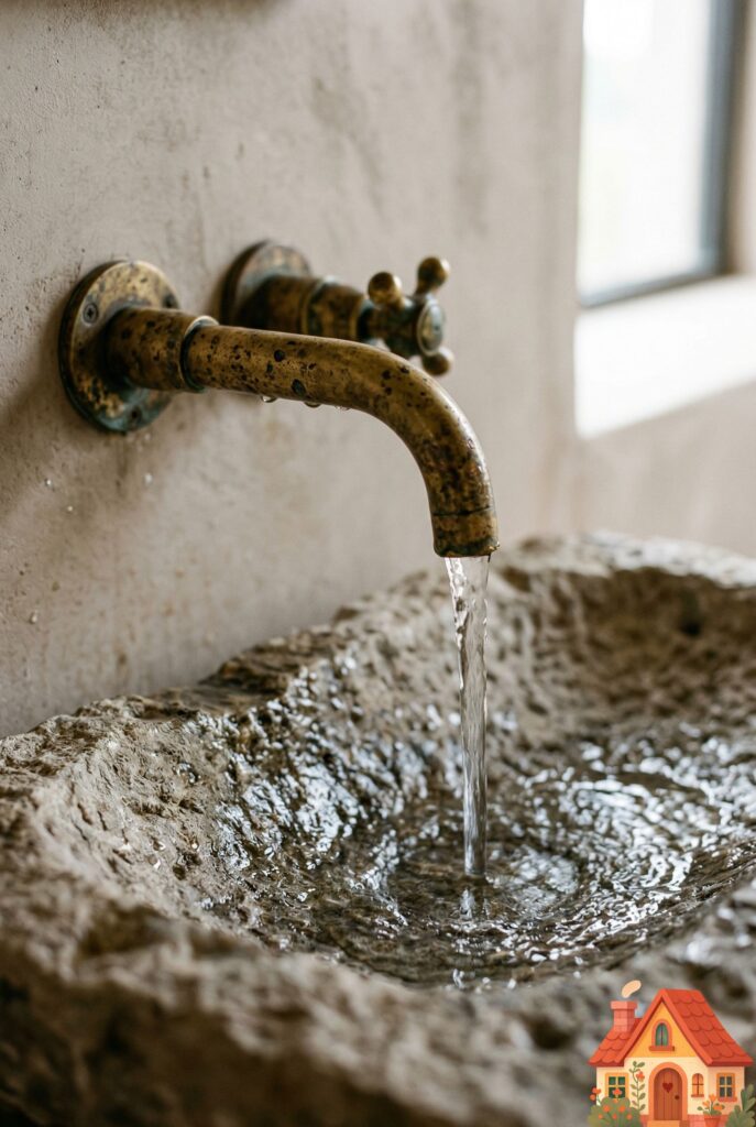 A macro, highly detailed shot of an unlacquered brass wall-mounted bathroom faucet over a raw stone sink. The brass shows a beautiful, rich, natural patina with spots of dark oxidation, proving it is a living finish. Water is gently flowing from the spout. Tactile, organic luxury.
