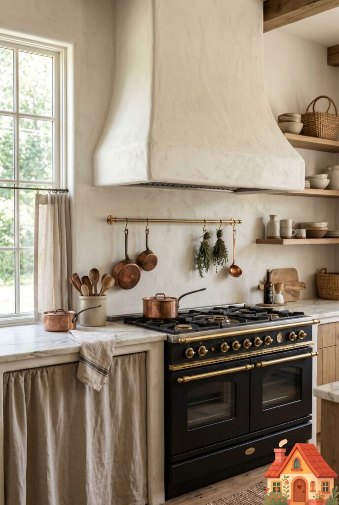 A breathtaking kitchen stove area featuring a large, curved range hood made of soft, creamy white hand-troweled plaster. Below it, an elegant matte black French range. Unlacquered brass details, soft natural daylight, minimalist rustic style, photorealistic Pinterest pin.