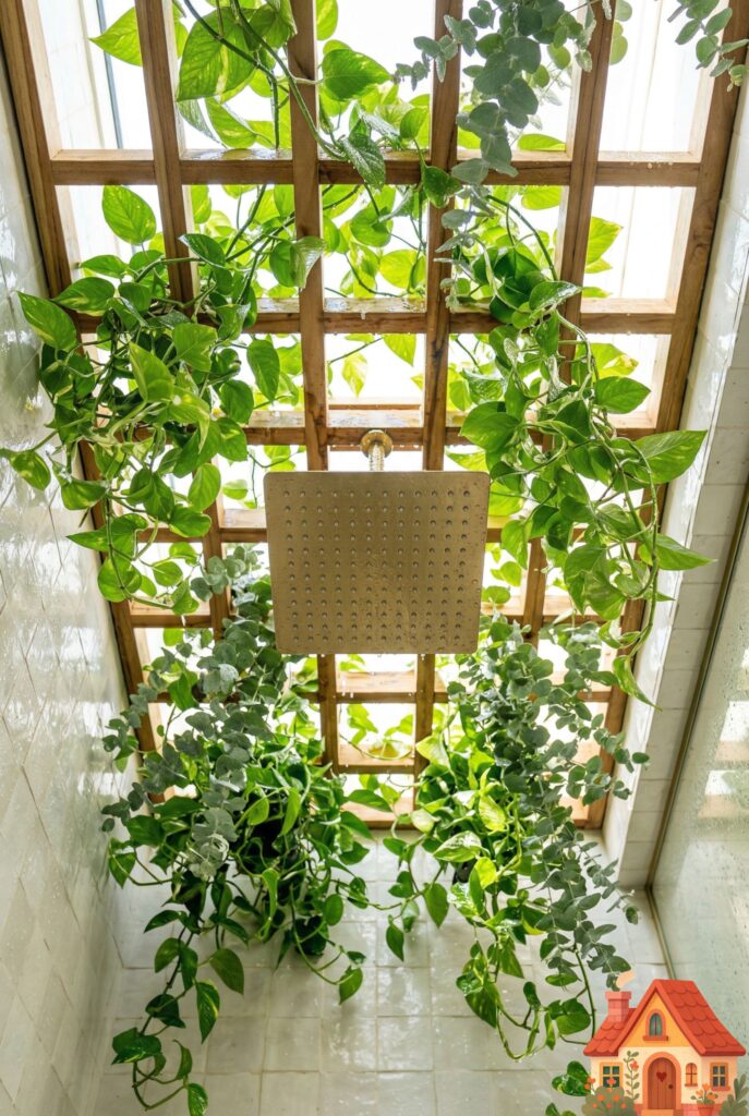 Looking up inside a spacious, light-filled walk-in shower. The ceiling features a wooden trellis completely draped in lush, trailing green eucalyptus and pothos plants. A large, square rain shower head sits in the center of the greenery. The sunlight makes the wet leaves gleam. Refreshing, natural sanctuary.)