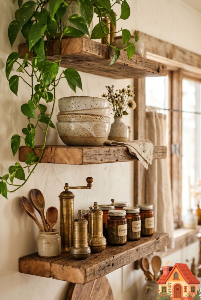 Close-up interior shot of thick reclaimed wood floating shelves in a kitchen, styled beautifully with stacked handmade ceramic bowls, a trailing green pothos plant, and vintage brass spice grinders. Soft ambient lighting, shallow depth of field, hyper-realistic, cozy cottagecore aesthetic.
