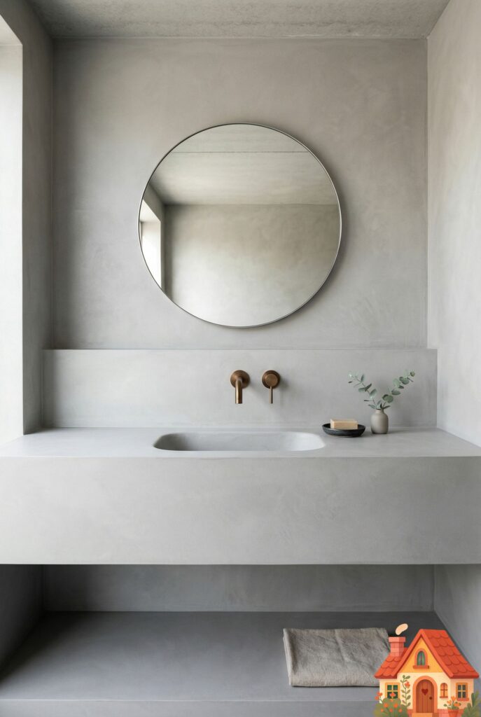 A minimalist, seamless bathroom vanity. The sink, countertop, and the wall behind it are all crafted from one continuous, unbroken piece of soft grey microcement. There are absolutely no seams or grout lines. A sleek, wall-mounted bronze faucet provides a striking contrast. Pure visual silence.)