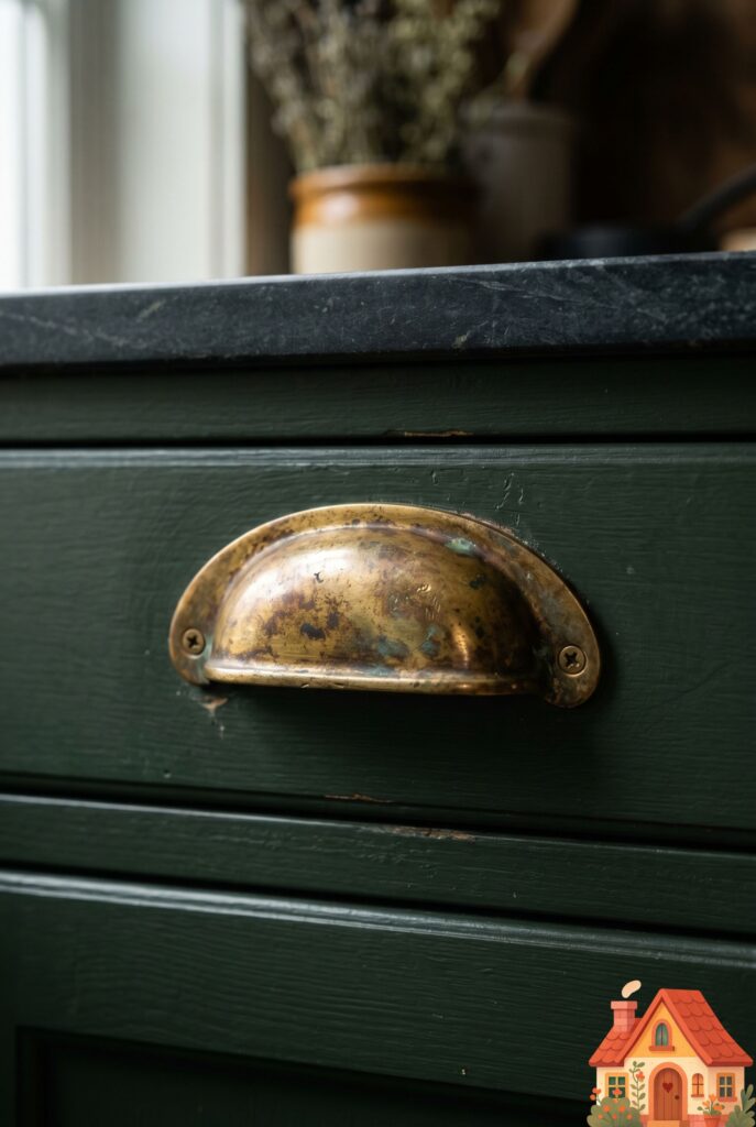 Macro photography of a beautifully aged unlacquered brass cup pull on a dark moody green kitchen drawer. The brass shows a rich, authentic patina. The lighting catches the warm metallic tones. High detail, 8k, luxurious and timeless aesthetic.