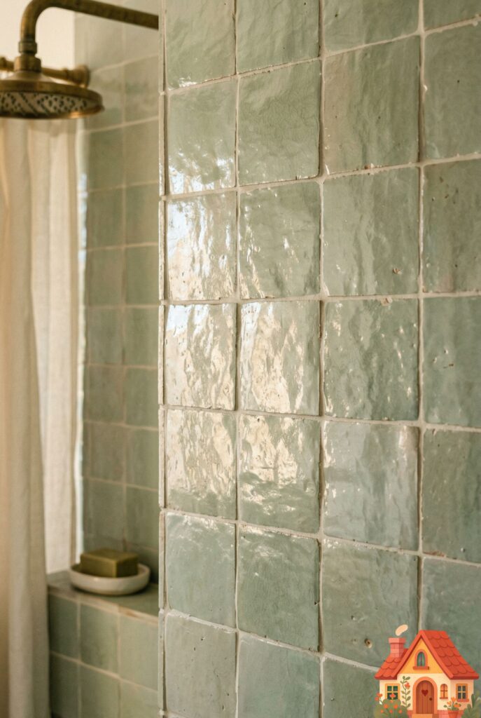 A close-up of a shower wall entirely covered in handmade Moroccan Zellige square tiles in a soft, pearlescent sage green. The tiles are slightly uneven and irregular, catching the warm, directional lighting in beautifully unique ways. Highly artisanal, textural, and emotionally resonant.