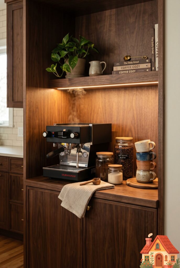 A beautifully designed built-in kitchen coffee bar nook with dark walnut wood interiors. An artisanal espresso machine sits next to glass jars of coffee beans and a stack of ceramic mugs. Warm LED strip lighting under the shelf, cozy morning atmosphere, photorealistic.