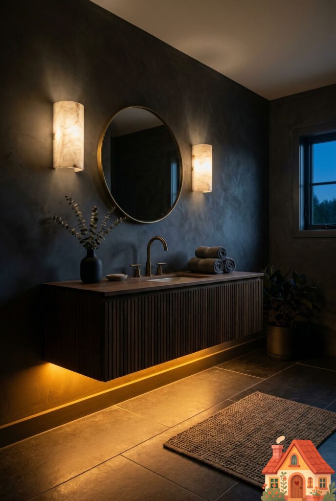 A moody, deeply relaxing bathroom at dusk. There are no overhead lights turned on. The space is beautifully illuminated by a warm, amber LED light strip glowing from underneath the floating vanity, and two elegant alabaster wall sconces framing a brass mirror. Soft, theater-like, calming glow.