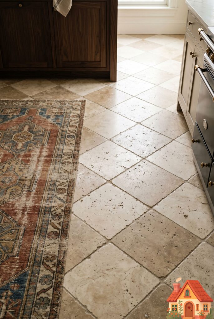 Looking down at a beautifully aged checkerboard kitchen floor made of tumbled cream and beige travertine marble. A vintage distressed runner rug is partially visible. Soft, diffused window light, organic textures, high-end editorial interior design.