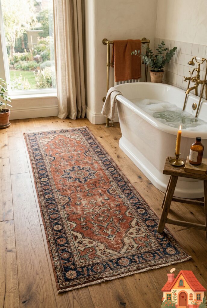A beautiful, warm bathroom floor made of wide-plank oak. Resting on the floor next to a freestanding bathtub is a deeply textured, vintage Persian runner rug in faded tones of terracotta, navy, and cream. The rich, woven texture of the rug invites bare feet to step onto it. Lived-in luxury.