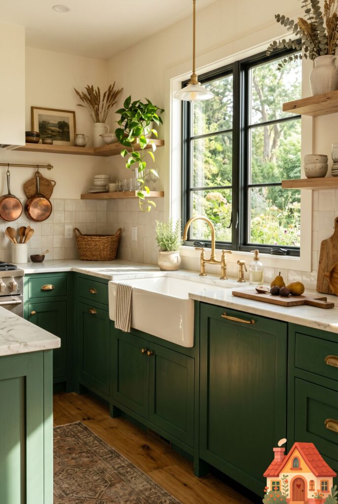 A stunning kitchen featuring deep moody forest green lower cabinets and creamy white upper walls. A large farmhouse sink in the center. Warm sunlight streaming through a window, highlighting the rich green tones. Pinterest trending interior, 8k, hyper-detailed.