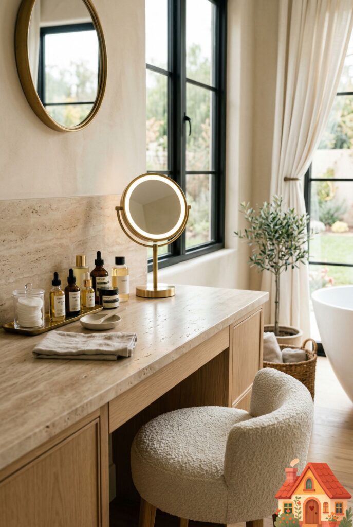 A dedicated skincare vanity built into a serene bathroom corner. The counter is lowered, and a beautiful, plush bouclé vanity stool is tucked underneath. A lighted magnifying mirror and an array of beautiful glass skincare bottles rest on the warm travertine counter. A space designed purely for personal care.