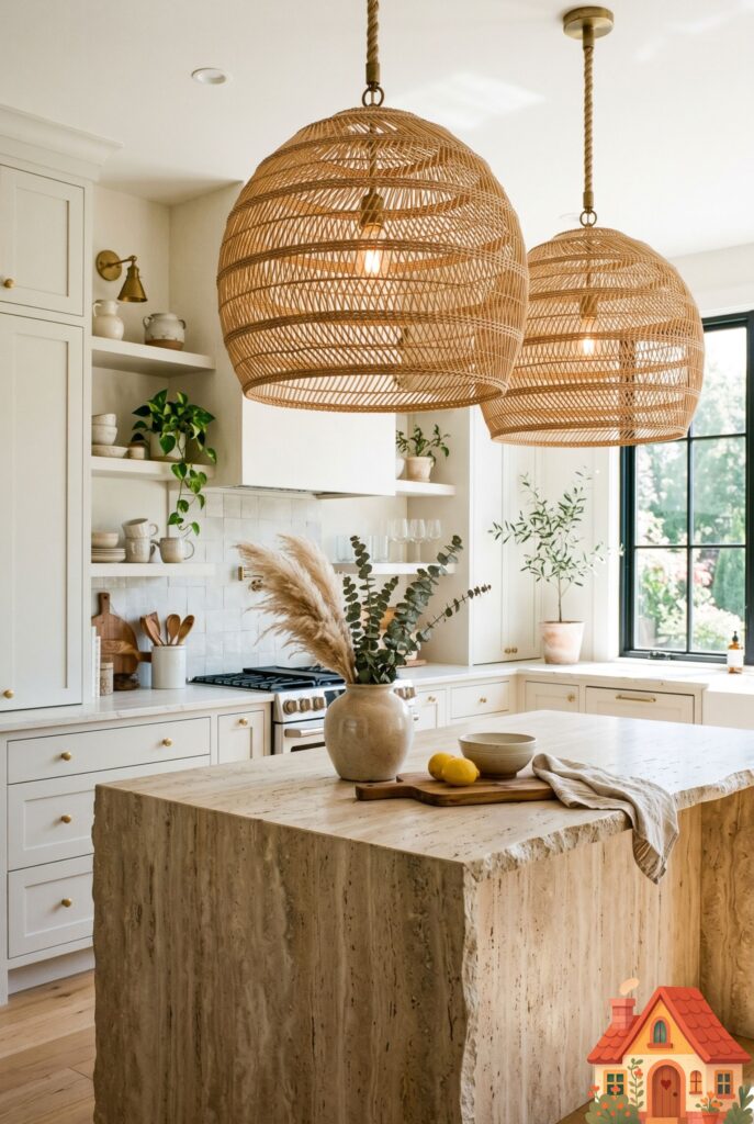 Two oversized, beautifully woven rattan pendant lights hanging over a natural stone kitchen island. The background features soft white cabinetry. Bohemian-meets-modern aesthetic, sunny and bright, highly detailed textures, 35mm photography.