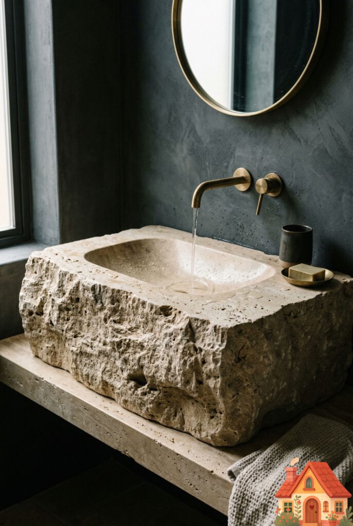 A breathtaking, heavy bathroom sink carved from a single, massive block of raw, porous travertine stone. The edges are rough and natural, while the bowl inside is smoothly honed. It sits against a dark, moody limewash wall. A testament to the raw, enduring power of nature.