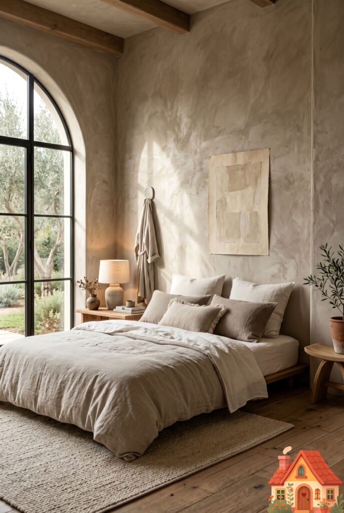 A highly aesthetic, serene bedroom featuring heavily textured limewash plaster walls in a warm, earthy 'mushroom' greige. The sunlight hits the wall, revealing the beautiful, imperfect wabi-sabi texture. A low, soft linen bed sits in the foreground. Deeply cozy, organic modernism, architectural digest style, 8k resolution.