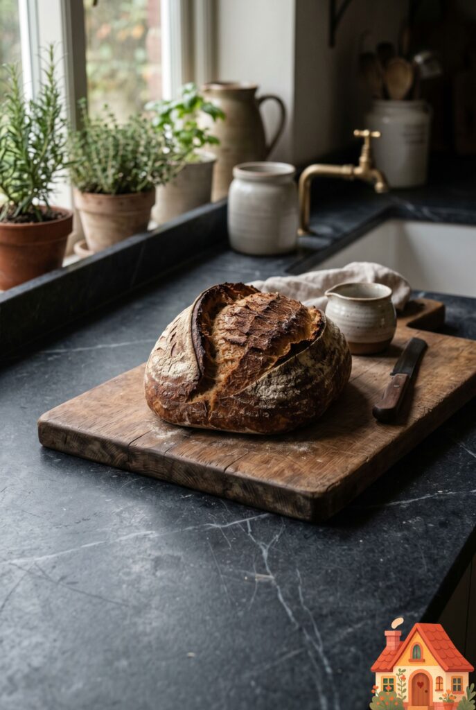 A close up of a dark, charcoal grey soapstone kitchen countertop with delicate white veining. A fresh loaf of artisan sourdough bread rests on a wooden cutting board on the stone. Soft, moody side-lighting, rustic elegance, photorealistic.