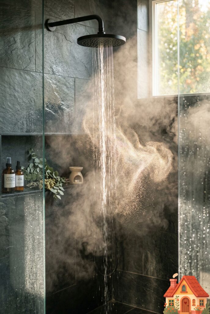  A visually poetic representation of aromatherapy in a modern shower. A sleek, matte black showerhead is releasing a steady stream of hot water. Visible in the steam is a very fine, ethereal mist floating gracefully in a shaft of morning sunlight, suggesting the infusion of luxurious, calming essential oils. Peaceful and atmospheric.