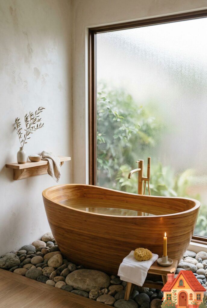  A serene, minimalist bathroom featuring a deep, freestanding soaking tub crafted entirely from smooth, polished bamboo wood. The tub has elegant, curved lines. It sits on a bed of smooth river rocks next to a large window with frosted privacy glass. The ultimate Japandi sanctuary.