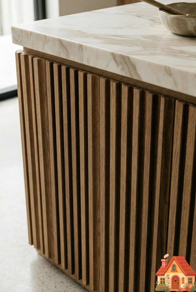 A close-up, highly detailed macro shot of a kitchen island base featuring beautiful, vertical fluted oak timber slats. The wood grain is natural, raw, and matte. The countertop above is a thick slab of creamy marble. Soft, natural light highlights the deep, satisfying shadows within the fluting. Textural and grounding.