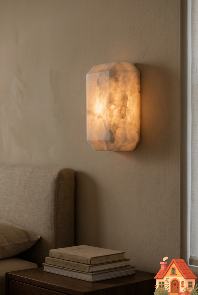 A moody detail shot in a neutral bedroom at dusk. An elegant, geometric wall sconce made of solid, translucent white alabaster stone is mounted on a soft beige wall. The light is turned on, emitting a breathtaking, warm-amber glow directly through the natural veining of the stone. Highly emotional, soothing lighting.