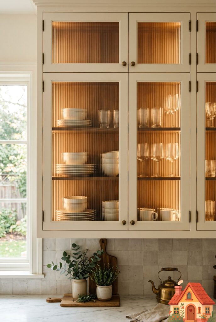 Kitchen upper cabinets featuring beautiful fluted ribbed glass doors. Inside, the silhouettes of stacked plates and glasses are softly blurred. Warm interior cabinet lighting glowing through the glass. Elegant, modern vintage aesthetic, high resolution.