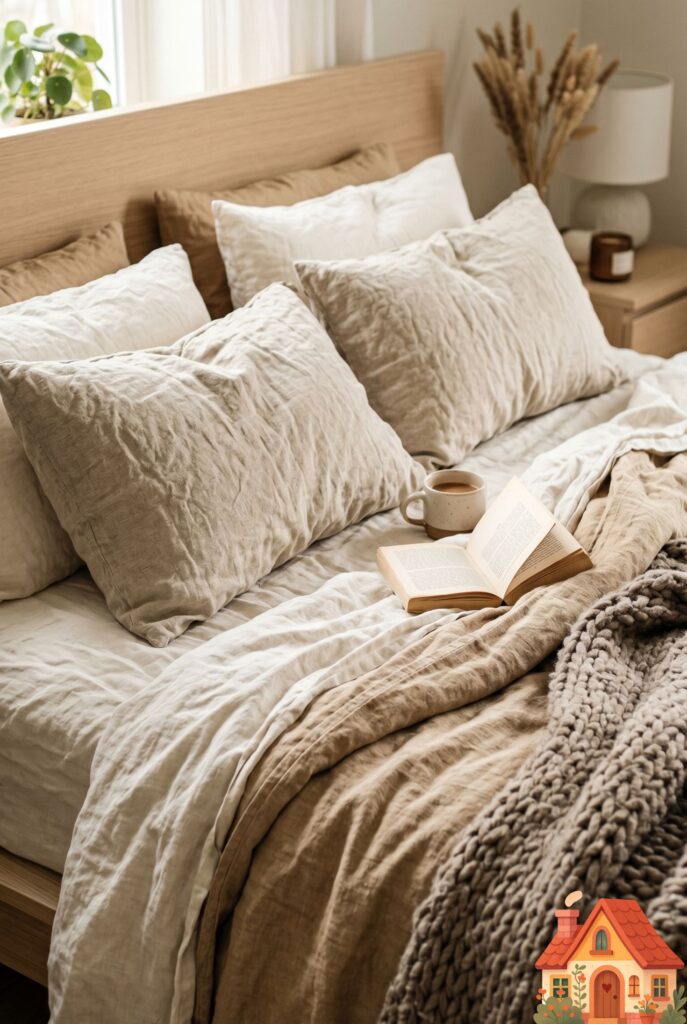 A macro, highly detailed shot of a messy, incredibly inviting bed. The bedding features thick, layered linens in varying shades of raw oat, warm sand, and unbleached cream. A chunky knit taupe throw blanket rests at the foot of the bed. The natural wrinkles of the high-quality fabric are highlighted by soft morning light. Pure tactile comfort.