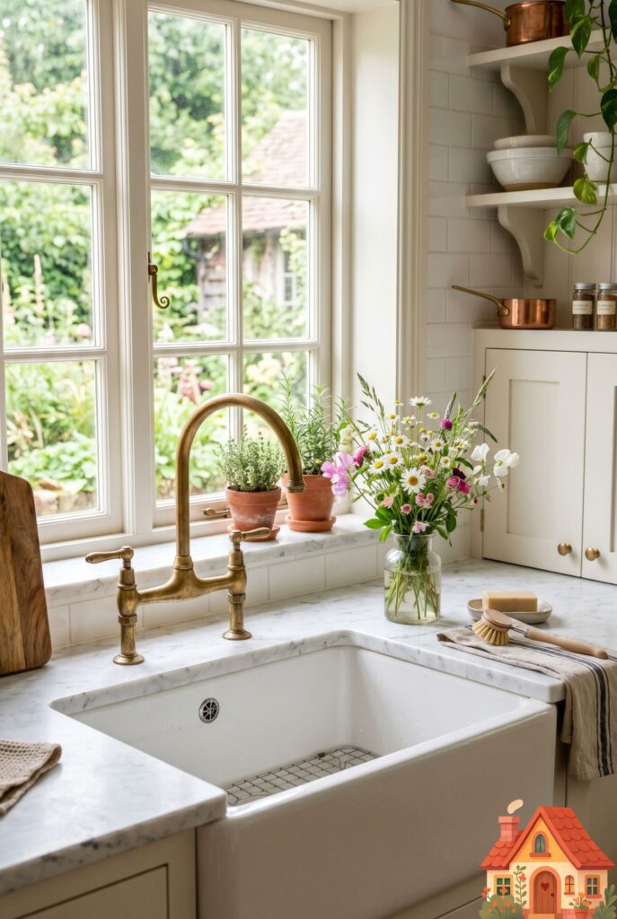 A classic white apron-front fireclay farmhouse sink in a cozy kitchen. An unlacquered brass bridge faucet arches over it. A small vase with fresh wildflowers sits on the counter next to it. Bright, airy, welcoming Pinterest aesthetic