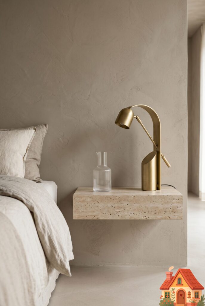 A close-up of a minimalist bedside setup. A thick, floating slab of honed, porous beige travertine stone acts as a nightstand against a textured taupe wall. Resting on it is only a delicate ribbed glass carafe and a sculptural matte-brass reading lamp. The floor below is completely clear. Clean, serene, and grounded.