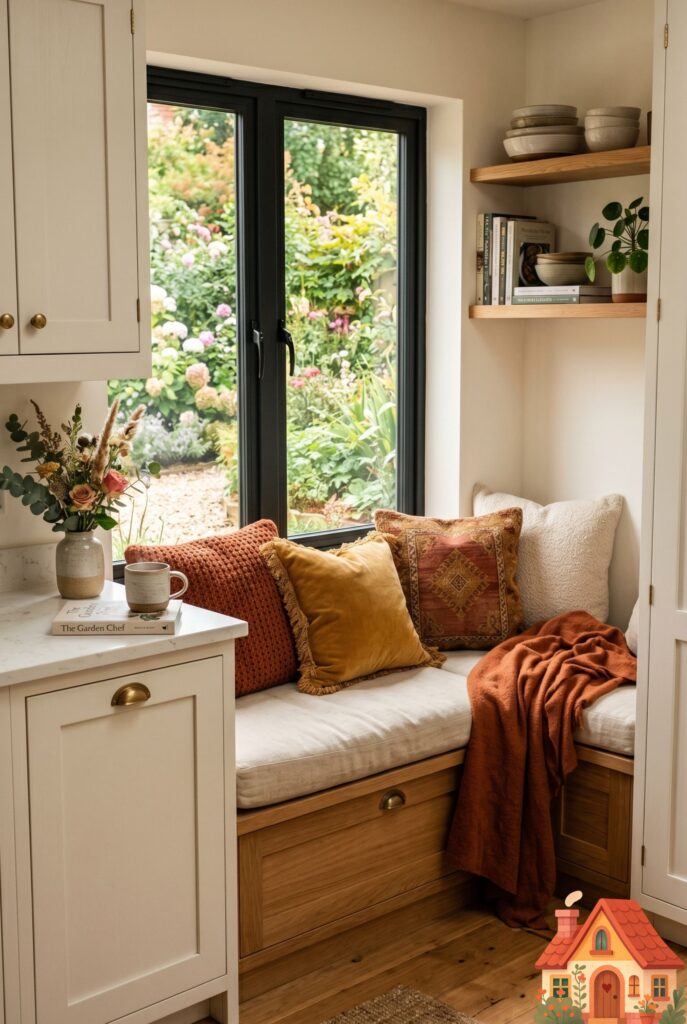 A cozy built-in kitchen window seat nestled between cabinetry, featuring a plush linen cushion and an assortment of textured throw pillows in mustard and rust. A large window looks out onto a garden. Inviting, warm, cinematic interior photography.