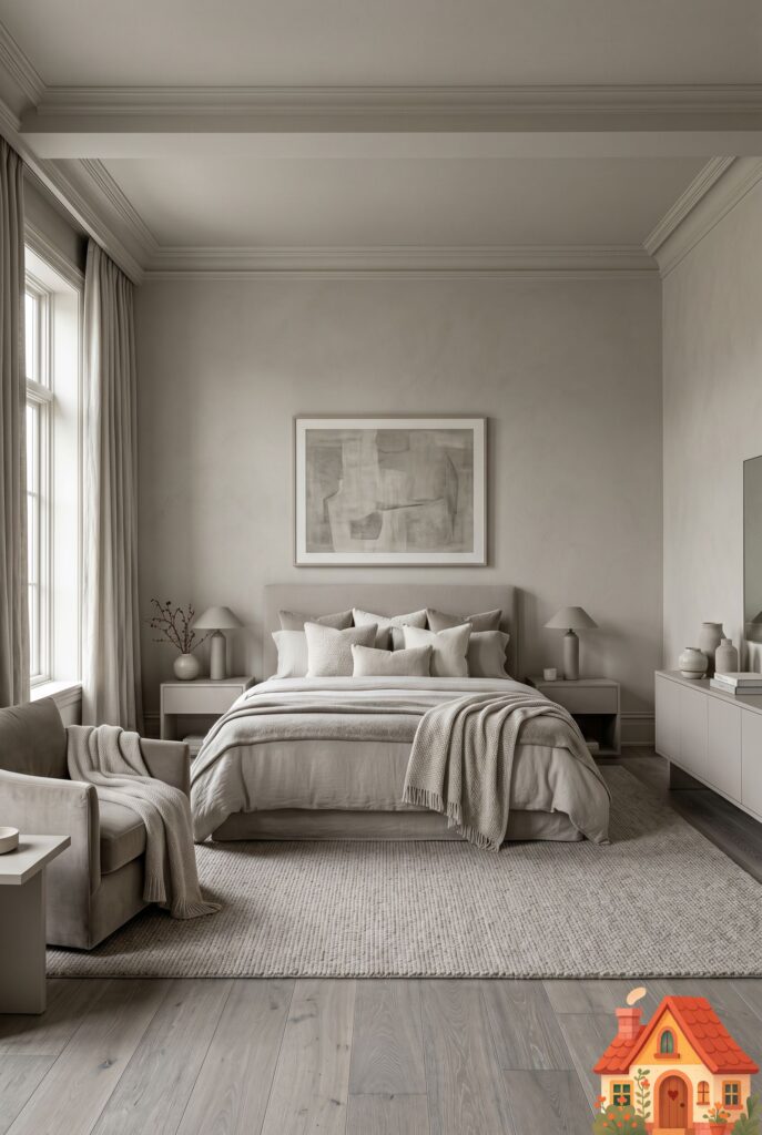 A wide shot of a luxurious neutral bedroom completely color-drenched in a warm, soft greige (grey-beige). The walls, ceiling, crown molding, and baseboards are identically colored. The lack of contrasting white trim makes the room feel incredibly expansive, seamless, and deeply protective. Soft, diffused lighting.