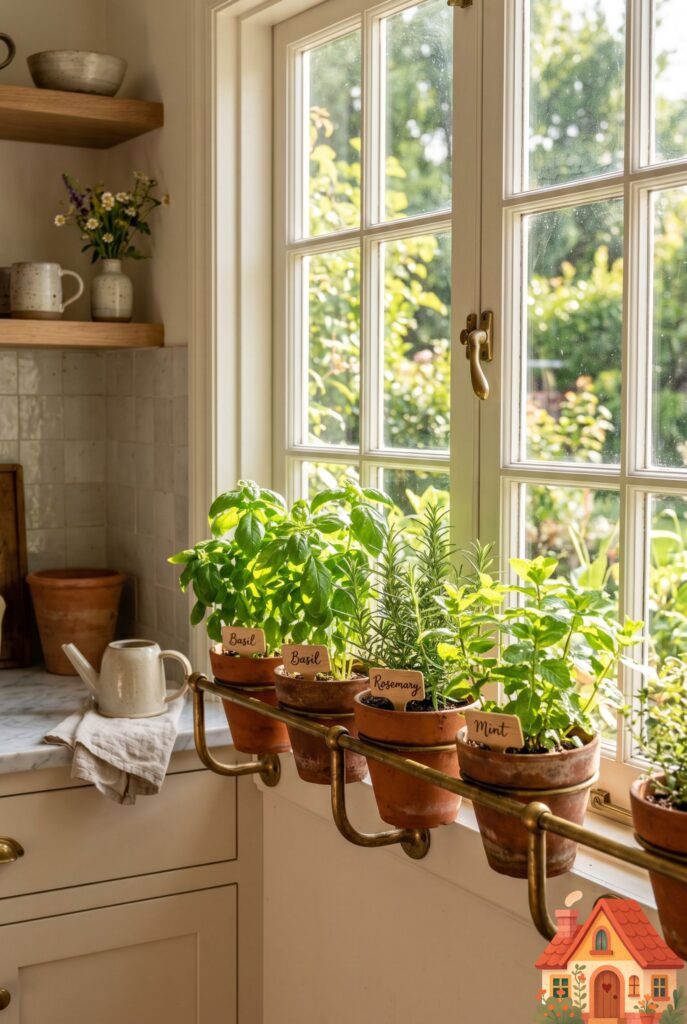 A sunlit kitchen window featuring a beautifully styled indoor herb garden. A brass railing holds small aged terracotta pots filled with lush green basil, rosemary, and mint. Sunbeams illuminating the green leaves, fresh and organic aesthetic, 8k.
