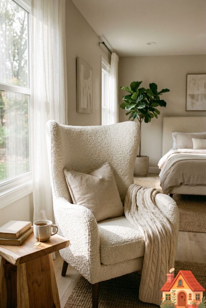 A sunlit, quiet corner of a neutral bedroom. A massive, modern wingback chair upholstered in thick, highly textured ivory bouclé fabric sits invitingly. A small, raw-wood side table holds a steaming cup of tea. Sunlight pours through a sheer curtain, illuminating the cozy, protective shape of the chair.