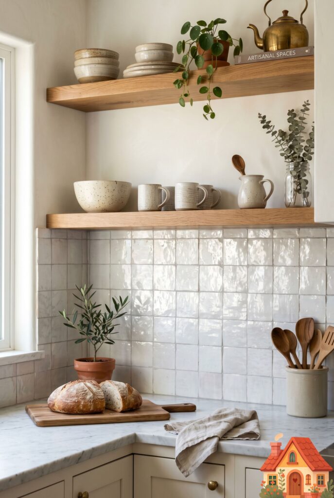 A kitchen backsplash made of handmade pearlescent white Zellige tiles. The uneven surface of the tiles catches the light beautifully, creating a shimmering texture. Warm wood open shelving above. Highly detailed, editorial interior style.