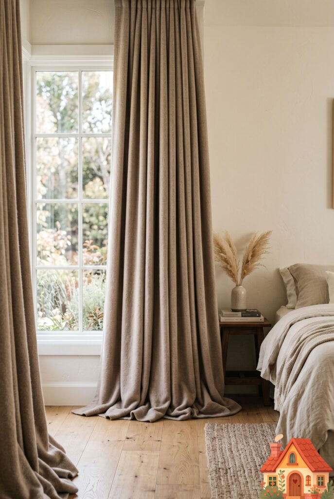 A light-drenched bedroom window dressed in incredibly thick, luxurious cashmere-wool curtains in a soft, warm taupe color. The curtain rod is invisible at the ceiling, and the heavy fabric beautifully and intentionally 'puddles' on a light oak hardwood floor. The aesthetic is incredibly soft, rich, and relaxed.
