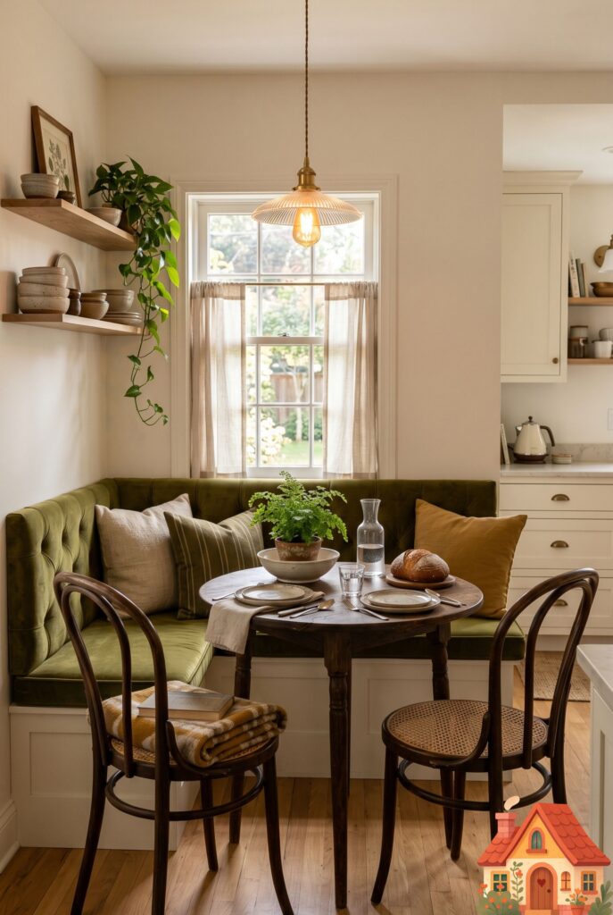 A cozy kitchen corner featuring a built-in banquette seating area with velvet olive-green upholstery. A round bistro table and two wooden dining chairs complete the nook. Warm overhead pendant light, intimate and inviting, photorealistic.