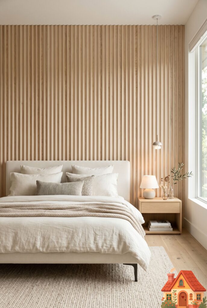 A stunning bedroom accent wall made entirely of vertical, fluted light-ash timber slats. The raw, pale wood catches the natural light, creating satisfying, soft shadows within the grooves. A sleek, low-profile cream upholstered bed sits in front of it. Tactile, modern Scandinavian luxury.