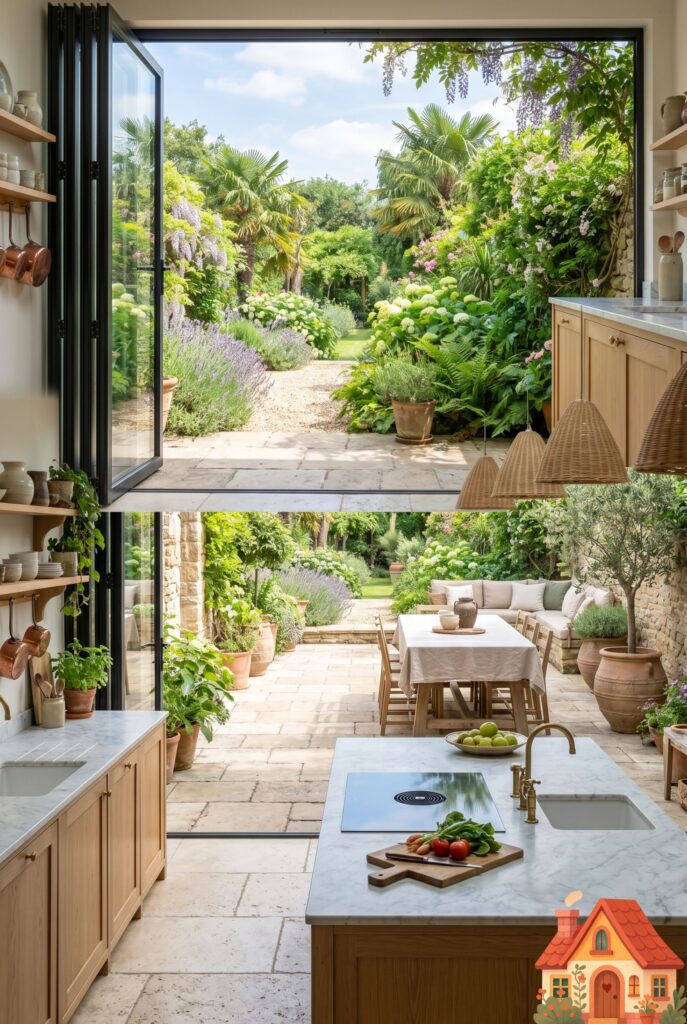  A stunning kitchen with large glass accordion doors fully opened, blending the indoor kitchen seamlessly with an outdoor stone patio and lush garden. Natural light flooding the space, breezy and expansive aesthetic, ultra-realistic architectural rendering.