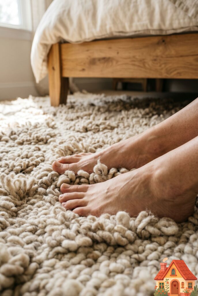  A low-angle, sensory-focused macro shot focusing on a pair of bare feet sinking into an exceptionally thick, heavy, hand-tufted rug made of undyed natural wool. The yarn is chunky and irregular, in organic shades of cream and soft beige. In the blurred background, a warm wooden bed frame. Grounding and comforting.