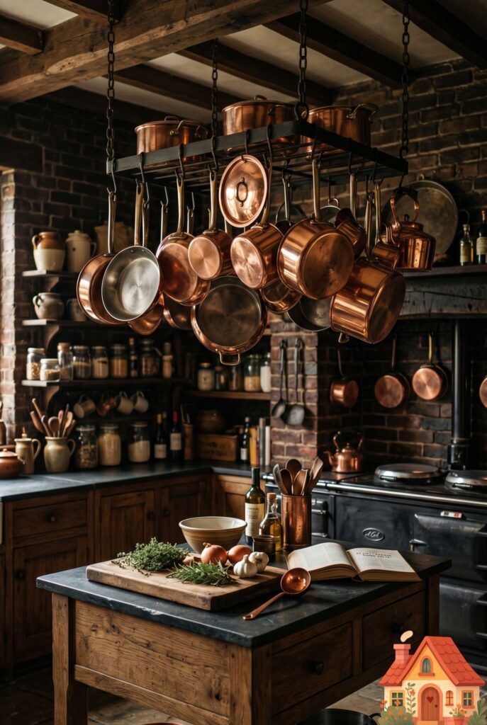 A gorgeous vintage-style kitchen featuring a suspended iron rack hanging from the ceiling, heavily styled with gleaming copper pots and pans. Dark moody background, cinematic lighting catching the reflections on the copper, rich and atmospheric