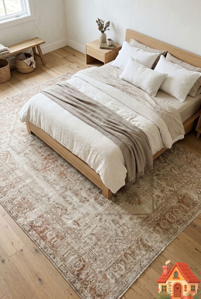 A top-down, angled view of a serene bedroom floor. A modern, minimalist bed sits on top of a massive, heavily worn and faded vintage Persian rug. The rug's colors have softened over decades into incredibly subtle tones of cream, light taupe, and faded rust. It bridges the gap between modern minimalism and historical soul.