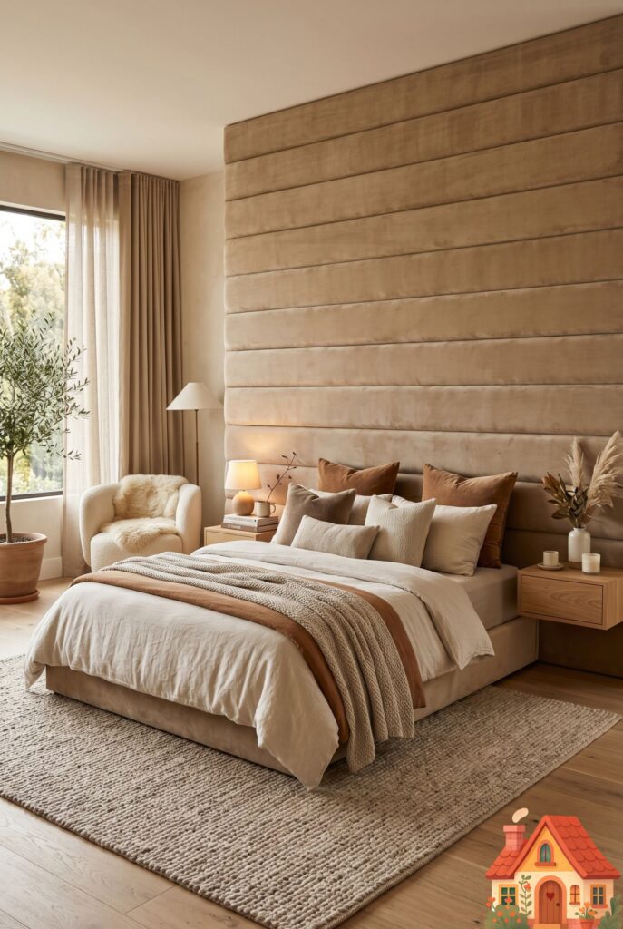 A luxurious master bedroom featuring an extra-wide, horizontally channel-tufted headboard upholstered in a soft, sand-colored velvet. The plush headboard spans the entire width of the wall, acting as a soft backdrop for both the low-profile bed and the floating wooden nightstands. Highly protective and incredibly plush.