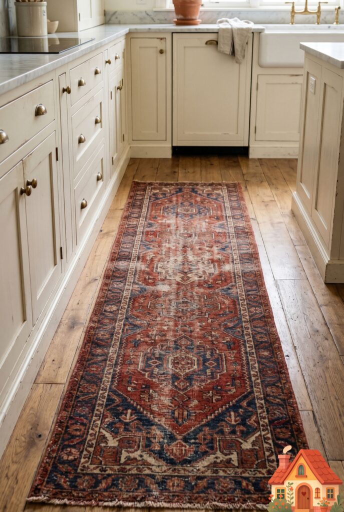 A beautifully faded, vintage Persian runner rug in deep reds and indigos laid across a natural hardwood kitchen floor. The edges of painted kitchen cabinets are visible. Cozy, lived-in aesthetic, highly textured, Pinterest ready.